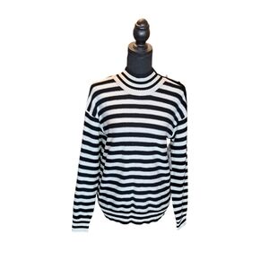 Olivia Sky Sweater Women's Black White Striped Jeweled Button at Shoulder